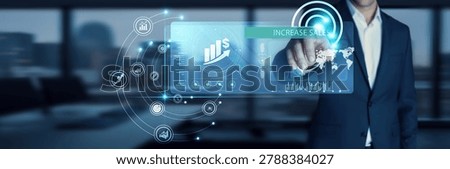 Sales manager touching start button on modern interface to business target Increase Sales. Boosting revenue. Strategies, promotions, client engagement, pipeline management, performance tracking.
