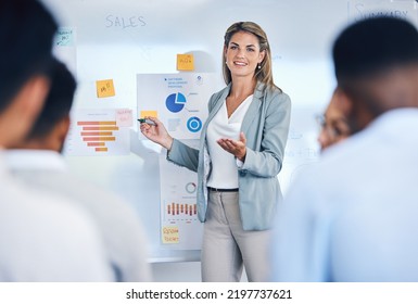 Sales, marketing and b2b strategy of business woman speaker giving a presentation to work crowd. Corporate advertising seminar with female present sale analytics and logistics chart on white board - Shutterstock ID 2197737621
