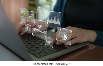 Sales Performance Management And Report Concept.  Drive Sales Performance To Optimize Sales Team's Capabilities And Optimize The Window Opportunity For The Sale. Improve Sales Efficiency, Agile CRM.