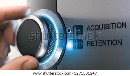 Sales Person turning a knob to select customer retention strategy instead of acquisition. Composite image between a hand photography and a 3D background.