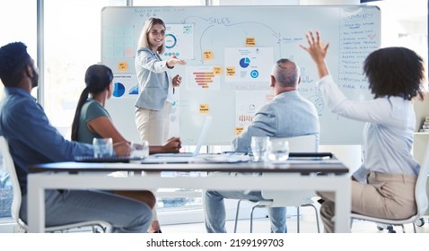 Sales Presentation, Marketing And Finance Business People In Meeting And Woman With Question On Company Financial Growth, Chart And Data Analysis. Strategy Team Leader Speaking Of Analytics Report