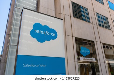 Salesforce logo facade of software company headquarters office building -  San Francisco, California, USA - July 27, 2019