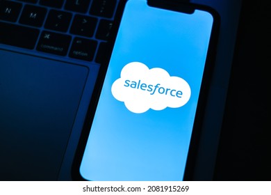 Salesforce logo on smartphone screen. Rostov-on-Don, Russia - November 15 2021