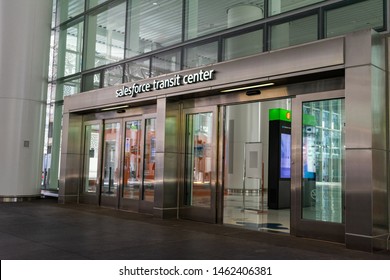 Salesforce Transit Center Sign Above The Entrance To Transit Station That Serves As The Primary Bus Terminal And Potentially As A Future Rail Terminal - San Francisco, California, USA - July 12, 2019