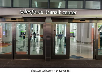 Salesforce Transit Center Sign Above The Entrance To Transit Station That Serves As The Primary Bus Terminal And Potentially As A Future Rail Terminal - San Francisco, California, USA - July 12, 2019