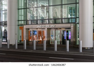 Salesforce Transit Center Sign Above The Entrance To Transit Station That Serves As The Primary Bus Terminal And Potentially As A Future Rail Terminal - San Francisco, California, USA - July 12, 2019