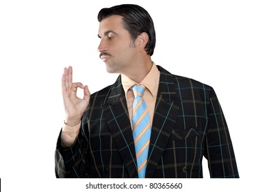 Salesman Occupation Mustache Man Profile View With Tacky Suit And Ok Gesture In Hand