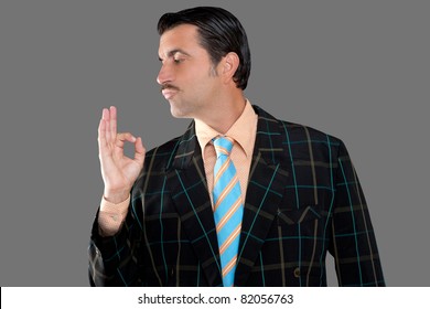 Salesman Occupation Mustache Man Profile View With Tacky Suit And Ok Gesture In Hand