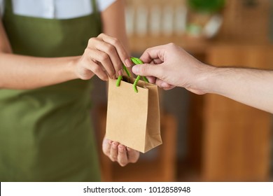 Saleswoman Giving Paper-bag With Ogranic Cosmetics To Customer