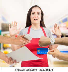 Saleswoman With Overworked At The Supermarket