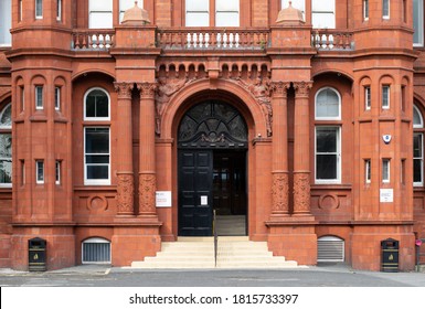 Salford, Greater Manchester, UK. September 15, 2020. Salford University. Peel building entrance, Accrington brick and terra cotta facade.