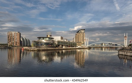 Salford Quays morning with beautiful blue hour and reflections.