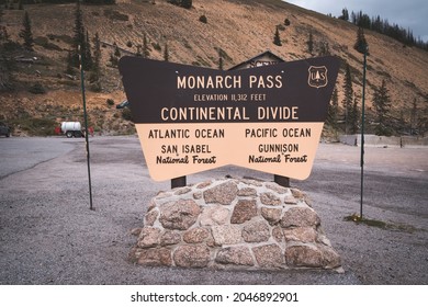 Salida, Colorado - August 2, 2021: Sign For Monarch Pass, A High Mountain Road Along The Continental Divide