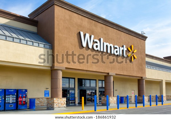 SALINAS,\
CA/USA - APRIL 8, 2014: Walmart store exterior. Walmart is an\
American multinational corporation that runs large discount stores\
and is the world\'s largest public\
corporation.