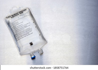 Saline IV Bag on Stainless Steel Counter