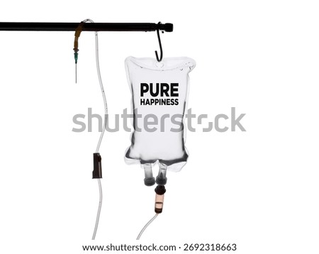 Saline solution bag hanging on a metal pole, delivering pure happiness directly into a patient's bloodstream, symbolizing a fast and effective treatment for sadness and depression