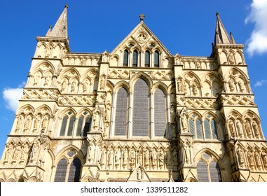 Salisbury Cathedral (England, UK). Facade. English Gothic Architecture.