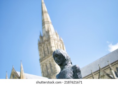 SALISBURY, ENGLAND - JUNE 25, 2021: View Of Salisbury Cathedral Church Of The Blessed Virgin Mary. Example Of Early English Gothic Architecture.