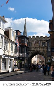 SALISBURY, ENGLAND - JUNE 25, 2021: View Of Salisbury Cathedral Church Of The Blessed Virgin Mary. Example Of Early English Gothic Architecture.