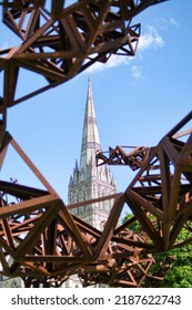 SALISBURY, ENGLAND - JUNE 25, 2021: View Of Salisbury Cathedral Church Of The Blessed Virgin Mary. Example Of Early English Gothic Architecture.