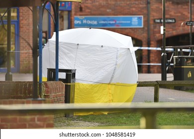 Salisbury, UK - March 6, 2018: A Police Forensics Tent Is Seen At The Scene Of The Poisoning Of Former Spy Sergei Skripal. A Nerve Agent Was Used In The Attack On Sergei Skripal His Daughter Yulia. 