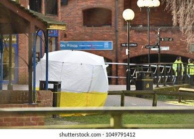 Salisbury, UK - March 6, 2018: A Police Forensics Tent Is Seen At The Scene Of The Poisoning Of Former Spy Sergei Skripal. A Nerve Agent Was Used In The Attack On Sergei Skripal His Daughter Yulia. 