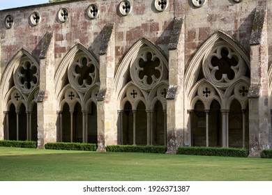 Salisbury, Wiltshire, England , Britain, Jul 5th 2014. View looking at the beautiful architecture of the cloisters  across the quadrangle  of Salisbury cathedral.