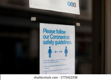 Salisbury, Wiltshire, England - July 6, 2020, COVID 19 Pandemic Safety Guidelines Sign On Door Of TSB Trustees Saving Bank Local Branch,