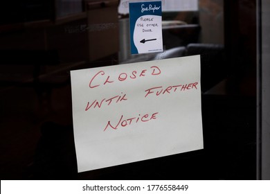 Salisbury, Wiltshire, England - July 6, 2020, Hand Written Closed Sign In Sue Ryder Charity Shop Door Window Unable To Reopen Due To The Coronavirus COVID 19 Coronavirus Shutdown