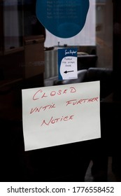 Salisbury, Wiltshire, England - July 6, 2020, Hand Written Closed Sign In Sue Ryder Charity Shop Door Window Unable To Reopen Due To The Coronavirus COVID 19 Coronavirus Shutdown