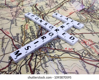 Salisbury, Wiltshire, England - May 18, 2018, Representation Of State Sponsored Terrorism Following The Novichok Nerve Agent Attack On Sergei Skripal And His Daughter Yulia With Map Background