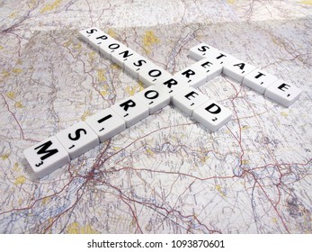 Salisbury, Wiltshire, England - May 18, 2018, Representation Of State Sponsored Terrorism Following The Novichok Nerve Agent Attack On Sergei Skripal And His Daughter Yulia With Map Background