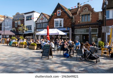 Salisbury, Wiltshire, England, UK. 2021. Pubs And Restuarants With Customers On Market Square As Covid Restriction Are Eased For Outside Dining.