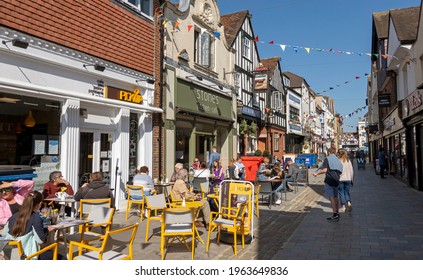 Salisbury, Wiltshire, England, UK. 2021. Pedestrian Street In City Centre With Outside Drinking And Eating Just Reopens As Covid Restrictions End.