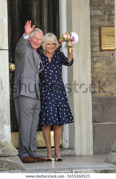 Salisbury, Wiltshire, UK - June 22 2018:  His\
Majesty King Charles III, formerly Prince Charles, and The Duchess\
of Cornwall visiting Salisbury in June 2018 shortly after the\
Russian Spy\
Poisoning