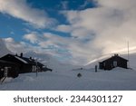 Salka Mountain Hut on Kungsleden skiing trail during the winter season, Lapland, Sweden