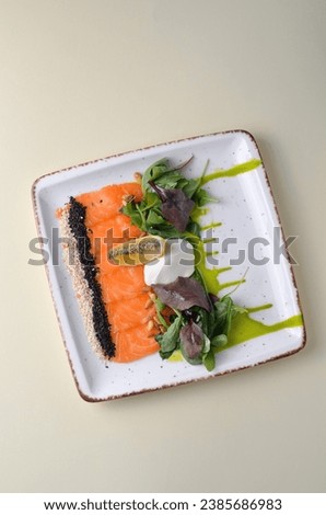 Salmon Appetizer, Carpaccio, Salmon Slices with Cream Cheese, Lemon and Salad on Bright Background