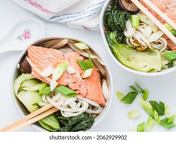Salmon With Bok Choy And Noodles In Broth.