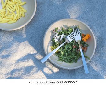 Salmon and chips outdoor eating - Shutterstock ID 2315933557