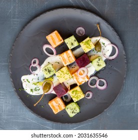 Salmon Cubes Plate With Beetroot Cubes, Cucumber Cubes, Potatoes Cubes, Cream Cheese, Chives, Red Onion And Capers, Served With Soft Pretzel Stick 