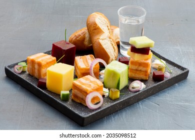 Salmon Cubes Plate With Beetroot Cubes, Cucumber Cubes, Potatoes Cubes, Cream Cheese, Chives, Red Onion And Capers, Served With Soft Pretzel Stick And Vodka