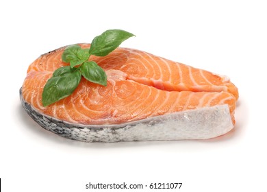 Salmon Cutlet With Basil, Isolated On White