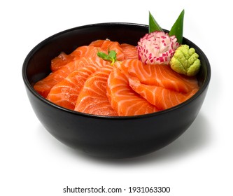 Salmon Donburi Japanese Food style decorate carved radish vegetales sideview