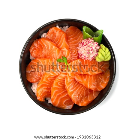 Salmon Donburi Japanese Food style decorate carved radish vegetales topview