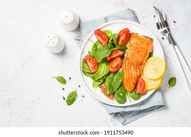 Salmon Fillet With Fresh Salad. Baked Salmon. Healthy Food, Keto Diet. Healthy Lunch Or Dinner.