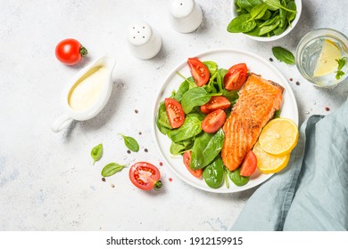 Salmon Fillet With Fresh Salad. Keto Diet. Healthy Lunch Or Dinner. Top View With Copy Space.
