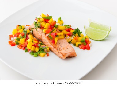 Salmon Fillet With Mango Salsa, Healthy Eating. Selective Focus