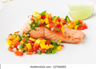 Salmon Fillet With Mango Salsa, Healthy Eating. Selective Focus