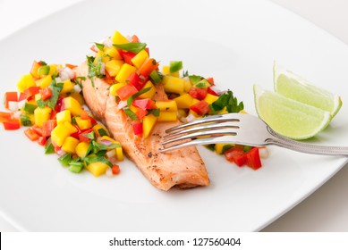 Salmon Fillet With Mango Salsa, Healthy Eating. Selective Focus