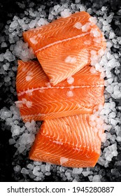 Salmon Fillet. Slices Of Fresh Raw Salmon Fish On Ice